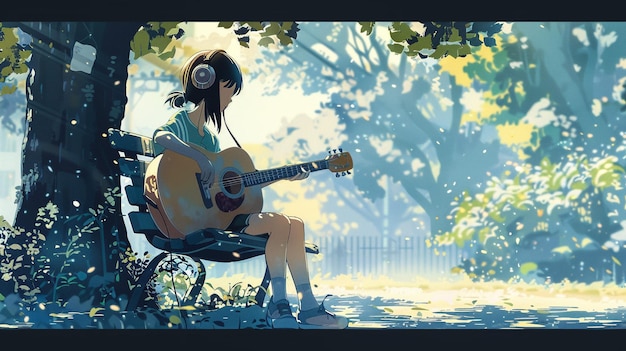 a girl playing guitar and listening to music