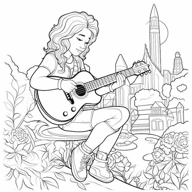 a girl playing guitar in the park with a cityscape in the background generative ai