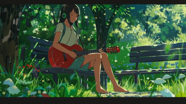 Photo a girl playing guitar in a park with a guitar