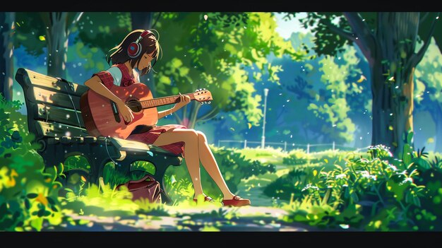 공원에서 기타를 연주하는 소녀가 얼굴에 을 비추고 있다.