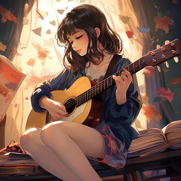 a girl playing a guitar and the sun is behind her