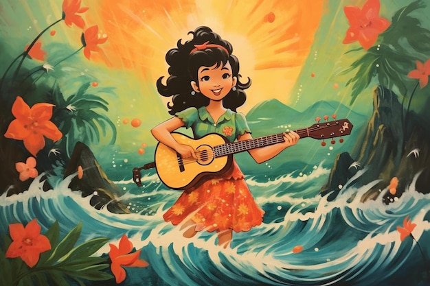 A girl playing guitar in the water