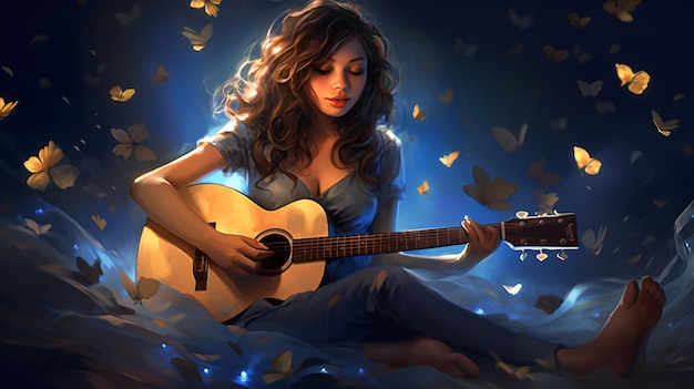 Фото Девушка играет на гитаре с голубым светом и светит