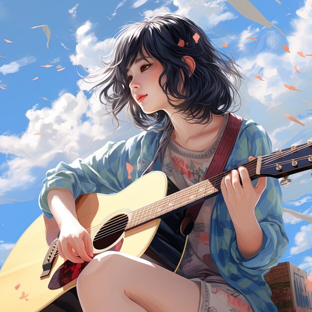 a girl playing guitar with a blue sky in the background