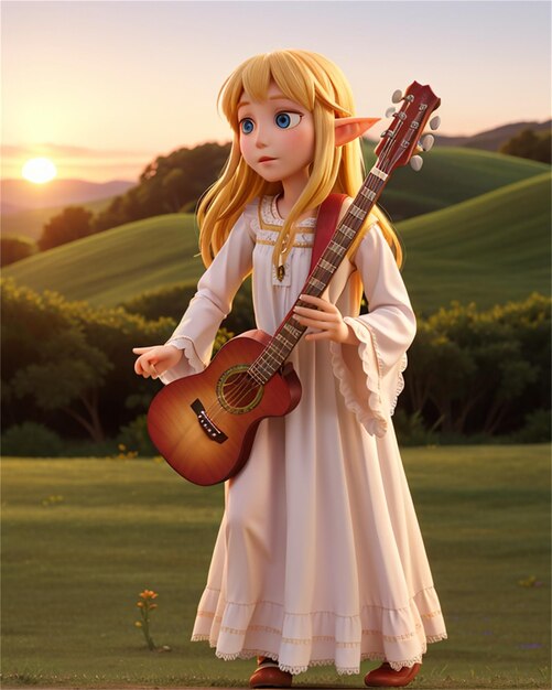 девушка играет на гитаре с закатом солнца на заднем плане