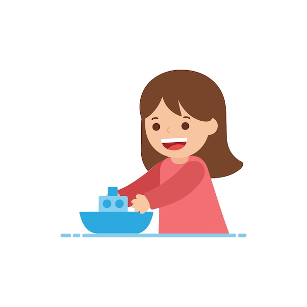 明るい平らなベクトルアートでおもちゃのボートで幸せに遊んでいる女の子