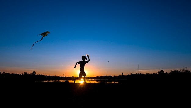 The girl playing kite on sunset background