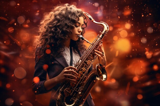 Photo girl playing saxophone with music notes in background