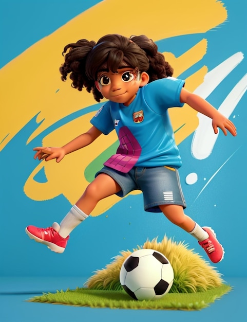 サッカーをしている女の子の 3 d 面白いキャラクター イラスト