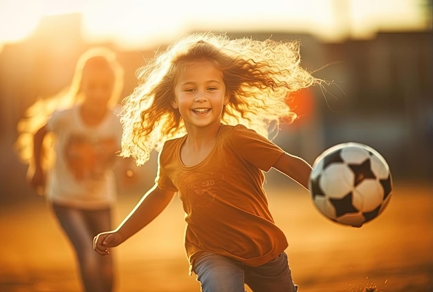 太陽の下でサッカーをしている女の子 ⁇ 女の子の友情