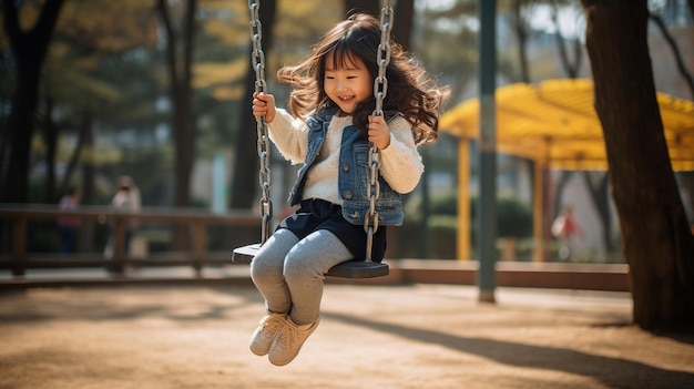 公園でスイングで遊んでいる女の子