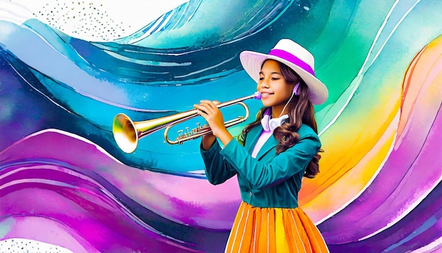 girl playing the trumpet on abstract background with watercolor hand draw illustration