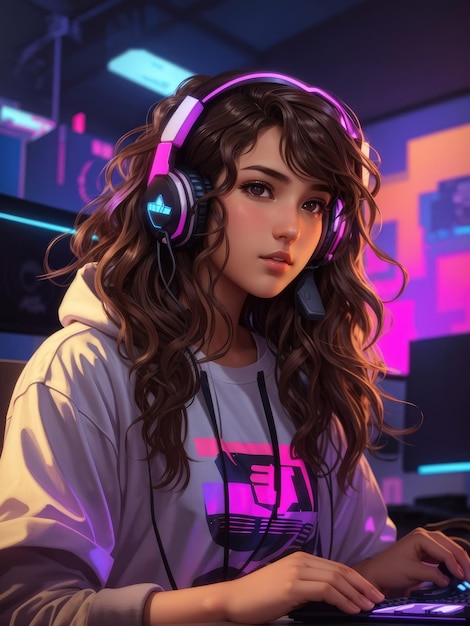 girl playing a video game while wearing headphones