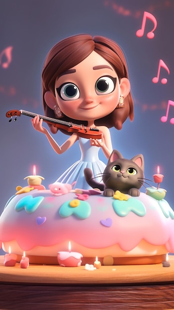 A girl playing a violin and a cat on a cake