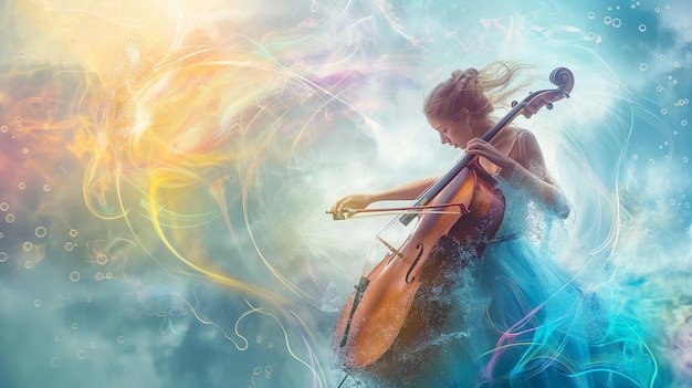 a girl playing a violin in the sky with the words  music  on the bottom