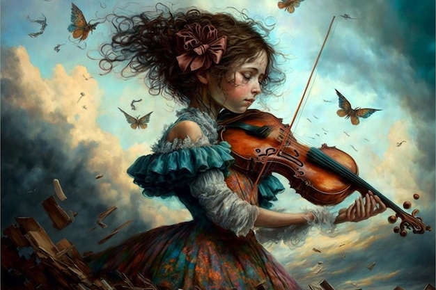 A girl playing a violin with butterflies flying around her.