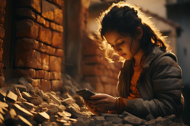 A girl playing with buttons on a retro cellphone curious and slum kid photoshoot concept ideas