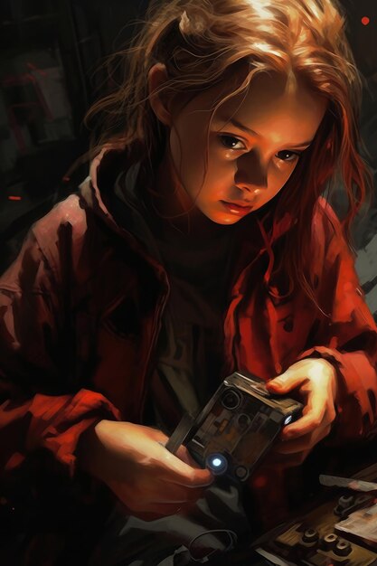 A girl playing with a phone in a dark room.