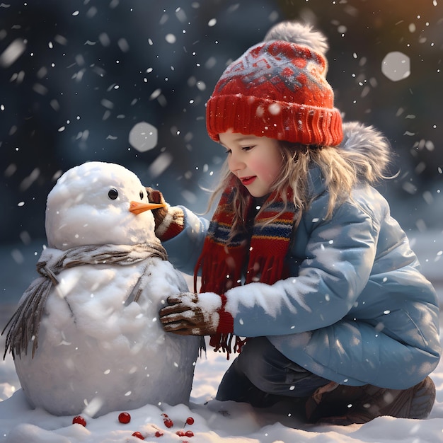 Girl playing with a snowman on a snowy winter walk for design winter sale banner and greeting cards