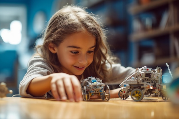 A girl playing with a toy model learning about robotics