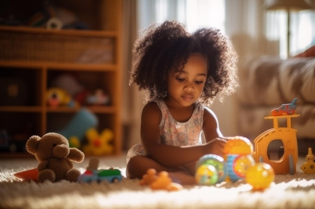 A girl playing with toys in the floor