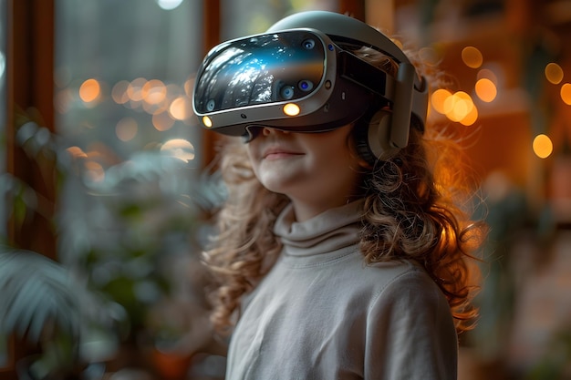 Girl Playing with Virtual Reality Headset in Modern Setting