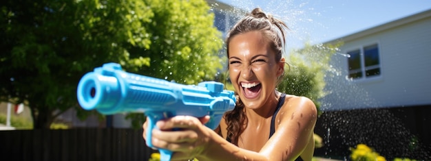 Photo girl playing with a water gun in her front yard on a warm summer afternoon