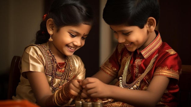 A girl plays with a chess board and a girl in traditional dress