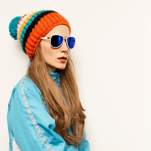 Girl Pom pom hat and stylish glasses Snowboard Warm fashion accessories