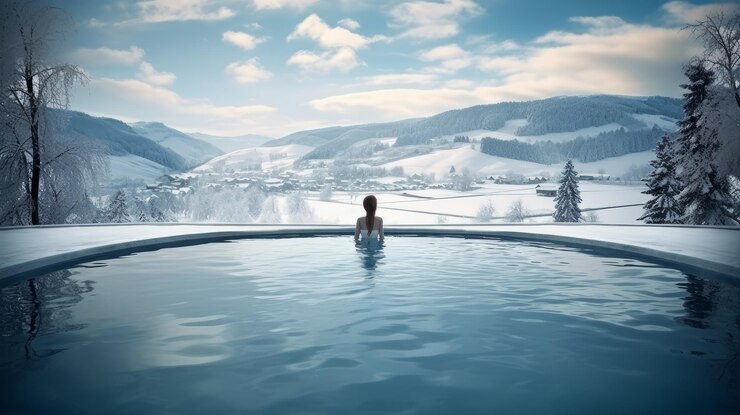 Photo a girl and a pool among the snow in an ecological chalet hotel at an alpine ski resort overlooking
