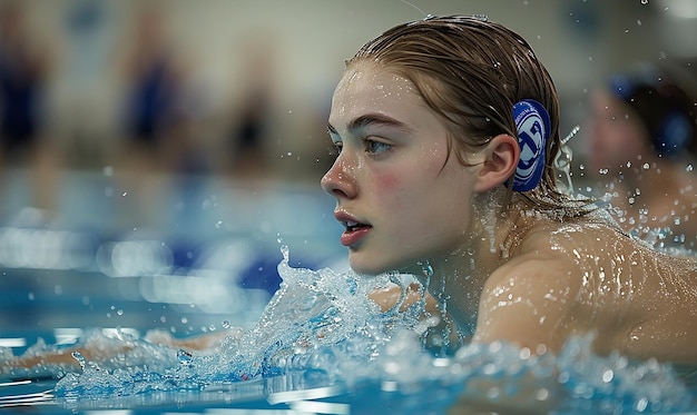 a girl in a pool with water splashing around her face