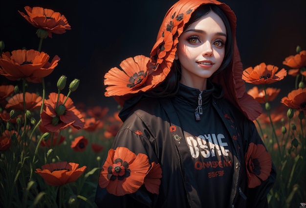 A girl in a poppy field wearing in black hoodies stand