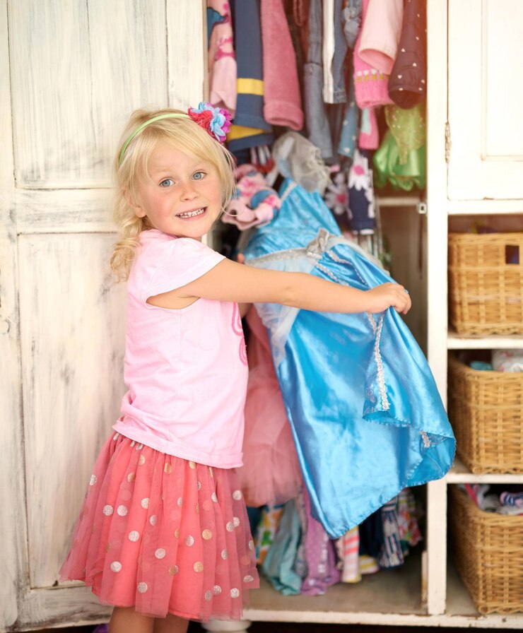 Photo girl portrait and dress up in bedroom for play fantasy and choice of costume in wardrobe kid excited and female child with outfit for princess character development and halloween at home