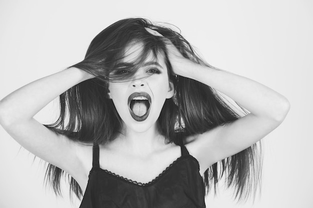 Girl portrait, happy woman with black lipstick on lush lips