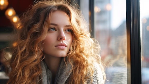 Girl portrait look at window in cafe