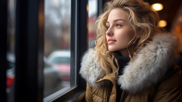 Girl portrait look at window in cafe