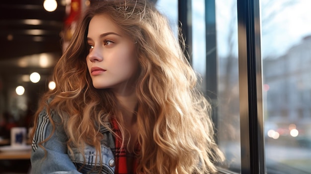 Girl portrait look at window in cafe