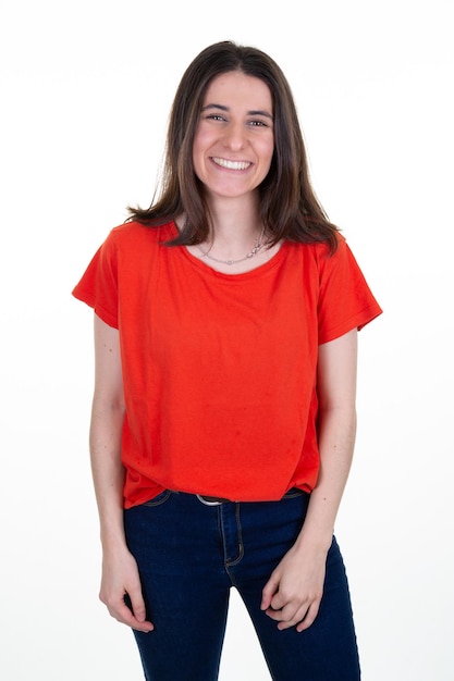 Girl portrait of young beautiful cute slim cheerful woman smiling looking at camera over white background