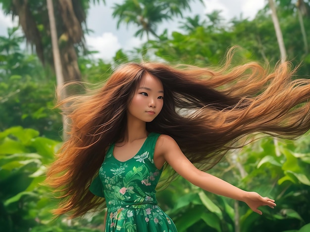 girl poses gracefully against the backdrop of Island her hair blowing in the wind ai generated