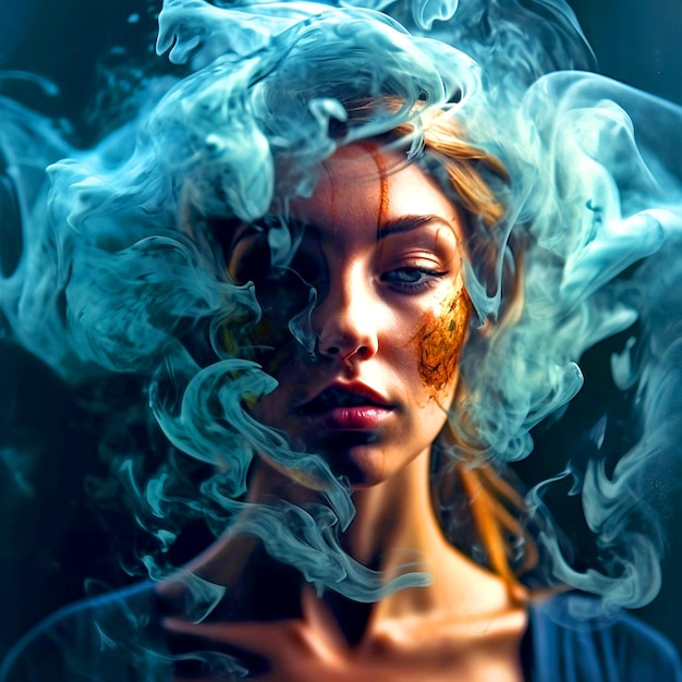 A girl posing the camera over the blue smoke