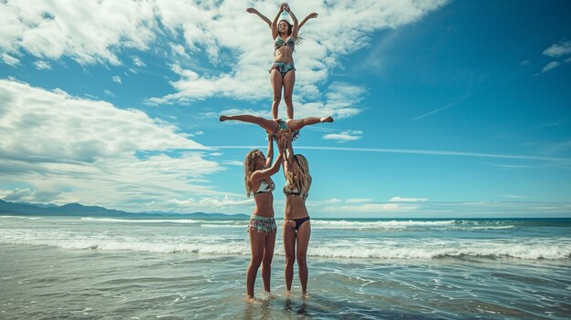 A girl practices beachside acrobatics forming background