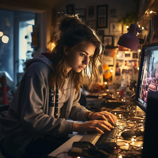 A girl practicing coding on a repurposed desktop computer d digital native gen alpha poor concept