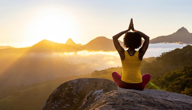 girl practicing yoga on a rock in mountain