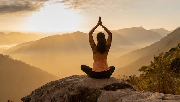 girl practicing yoga on a rock in mountain