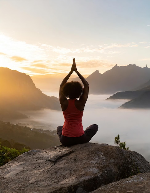 girl practicing yoga on a rock in mountain