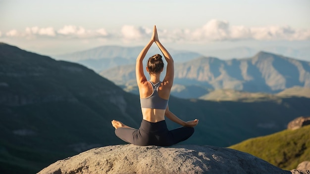 Girl practicing yoga on a rock