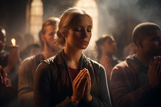 girl praying in church in semidarkness