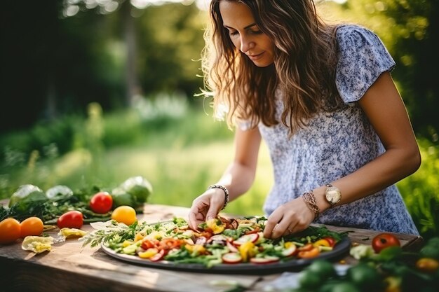 Foto una ragazza prepara un'insalata fresca durante un picnic ai generativo