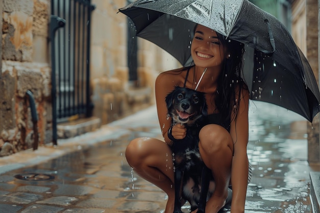 写真 雨の日街の小道で雨傘でペットを雨から守っている女の子