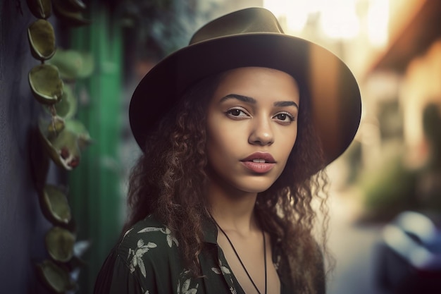 Photo girl in protective solar hat on urban street beautiful model portrait in urban style generate ai